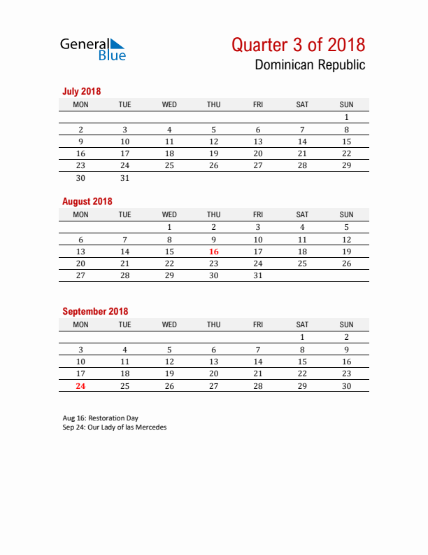 Printable Three Month Calendar with Dominican Republic Holidays