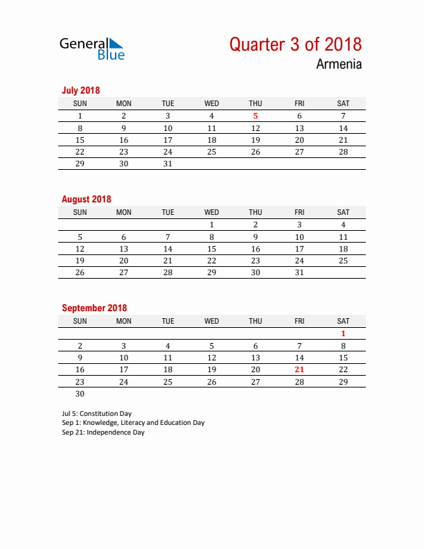 Printable Three Month Calendar with Armenia Holidays
