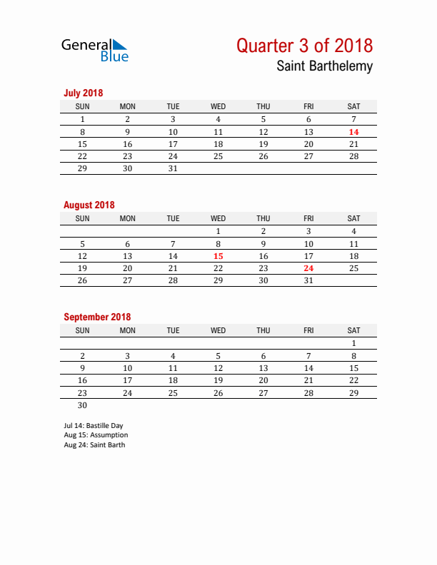 Printable Three Month Calendar with Saint Barthelemy Holidays