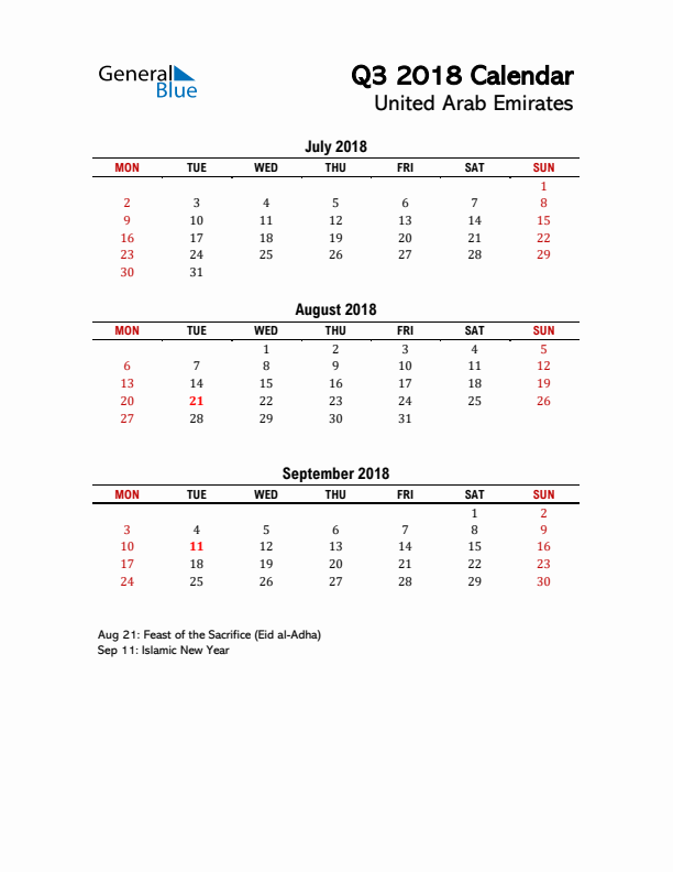 2018 Q3 Calendar with Holidays List for United Arab Emirates