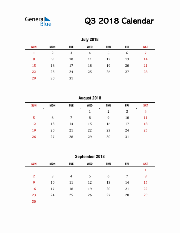 2018 Q3 Calendar with Red Weekend