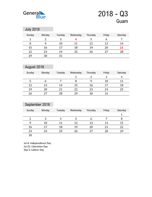  Guam Quarter 3 2018 Calendar