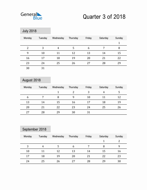 July, August, and September Calendar 2018