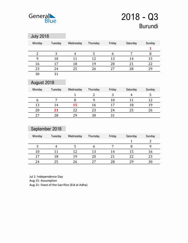 Burundi Quarter 3 2018 Calendar with Holidays