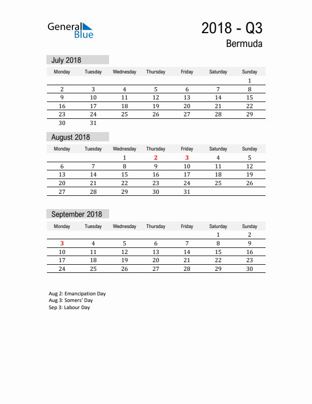 Bermuda Quarter 3 2018 Calendar with Holidays