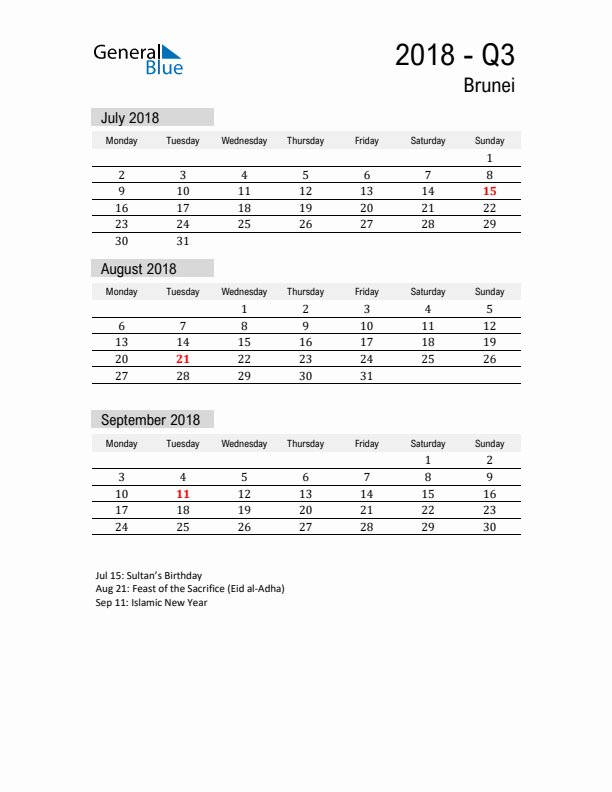 Brunei Quarter 3 2018 Calendar with Holidays