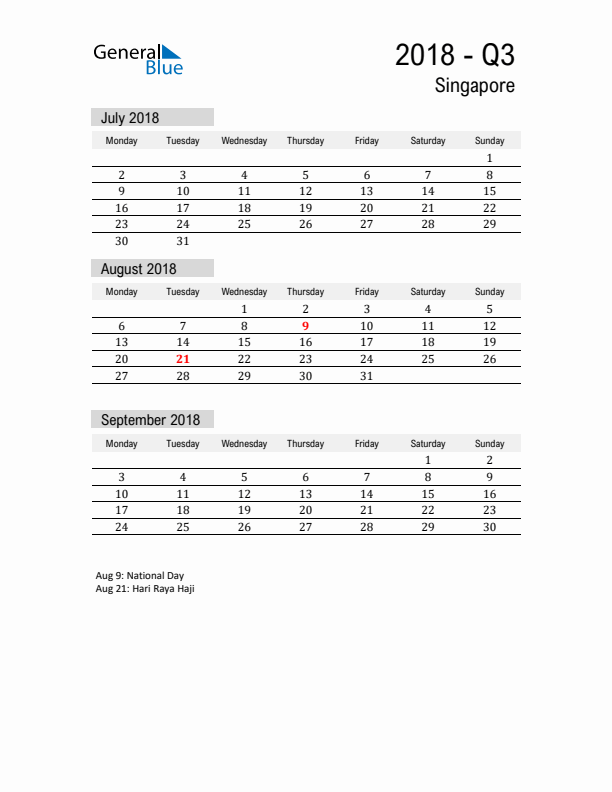 Singapore Quarter 3 2018 Calendar with Holidays