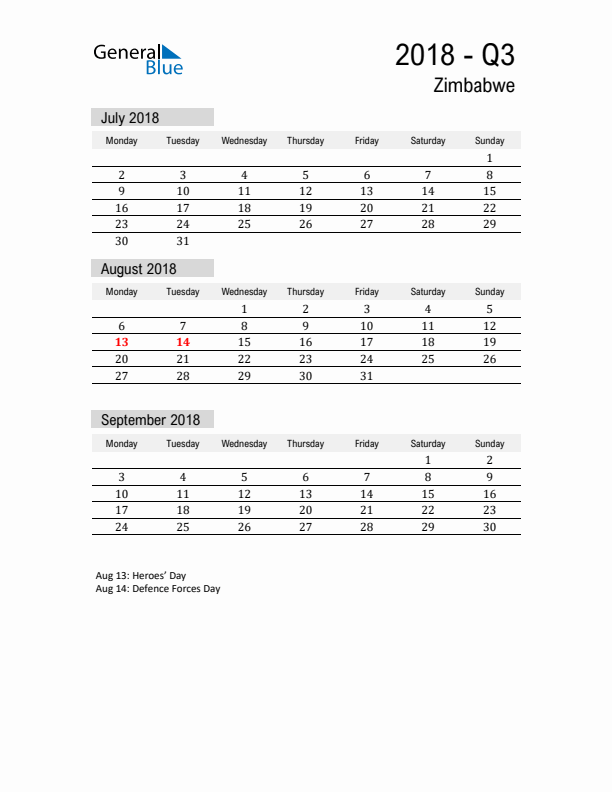 Zimbabwe Quarter 3 2018 Calendar with Holidays
