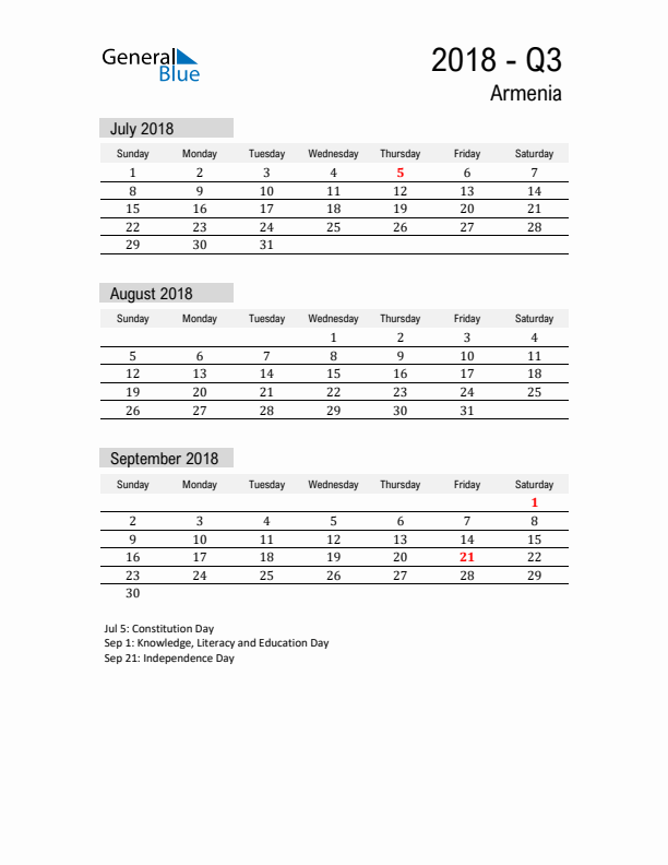 Armenia Quarter 3 2018 Calendar with Holidays