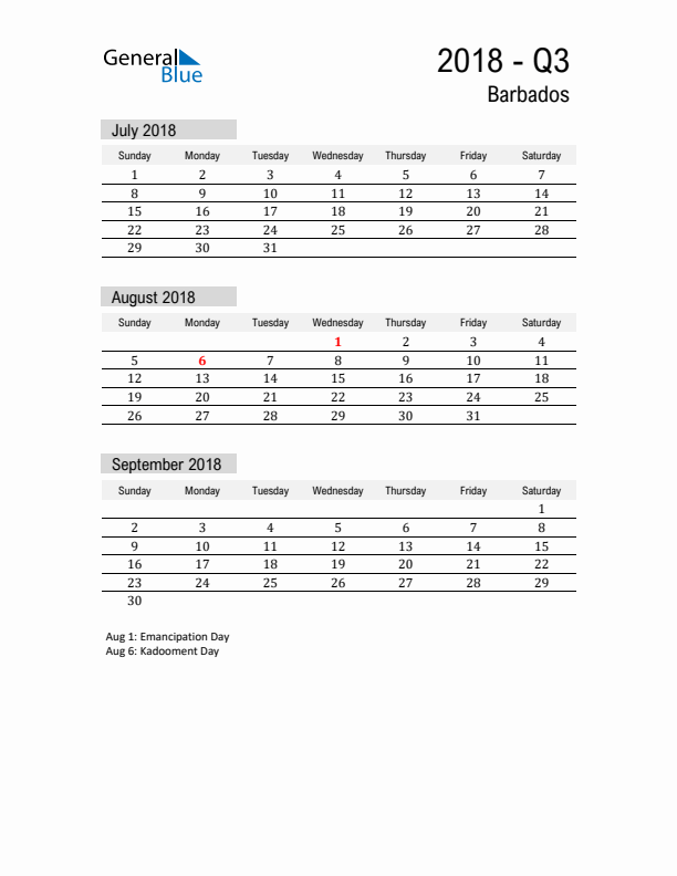 Barbados Quarter 3 2018 Calendar with Holidays