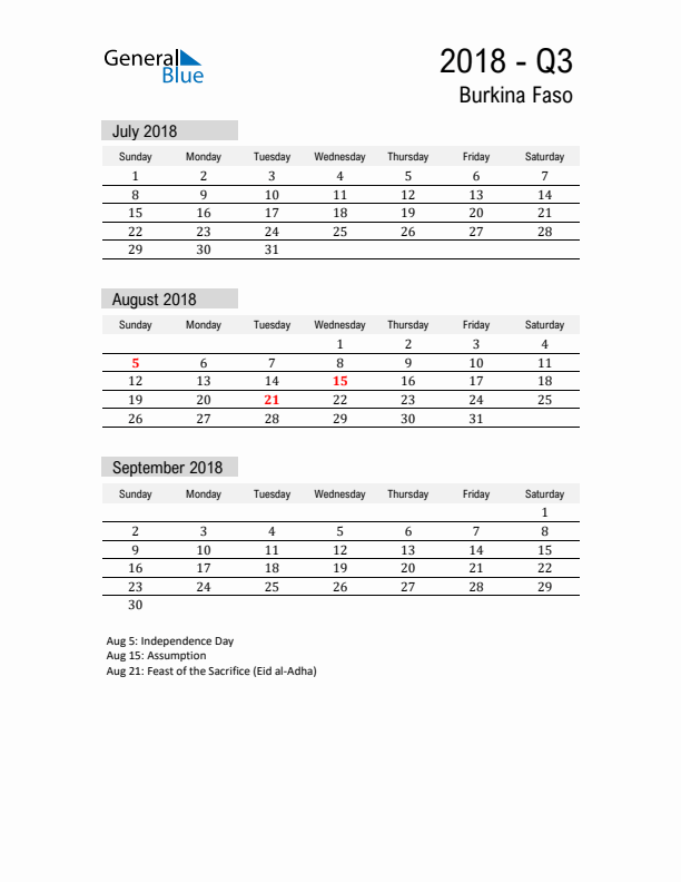 Burkina Faso Quarter 3 2018 Calendar with Holidays