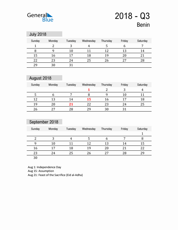 Benin Quarter 3 2018 Calendar with Holidays