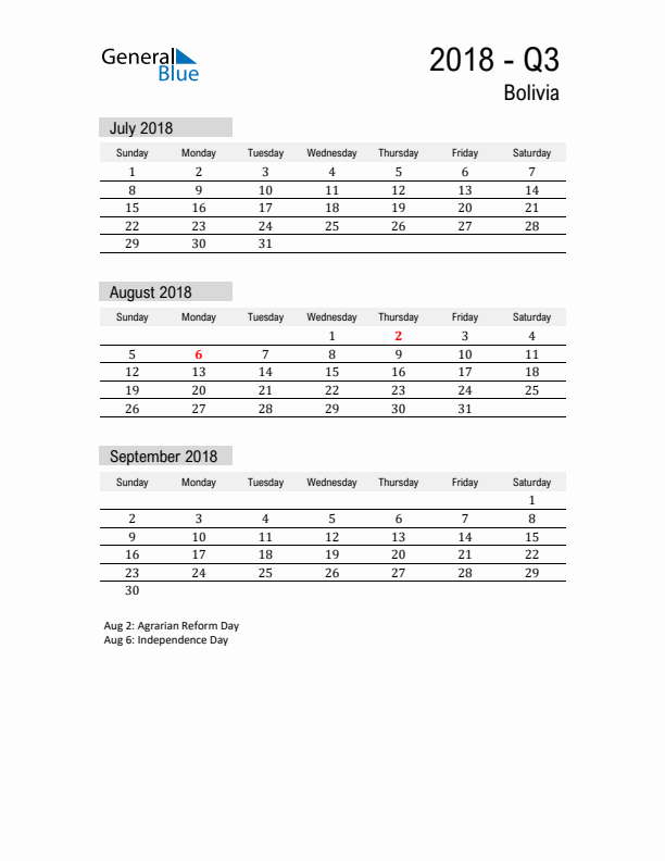Bolivia Quarter 3 2018 Calendar with Holidays