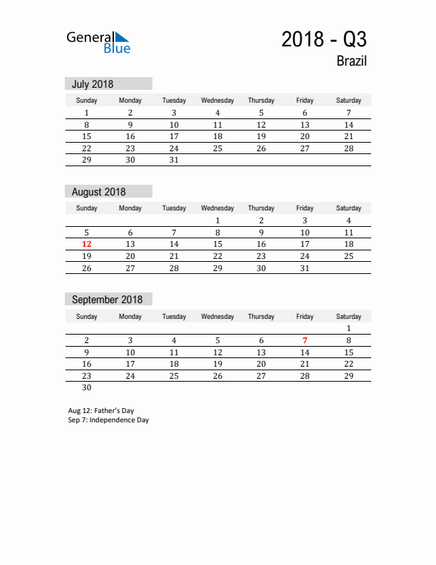 Brazil Quarter 3 2018 Calendar with Holidays