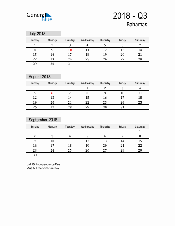 Bahamas Quarter 3 2018 Calendar with Holidays