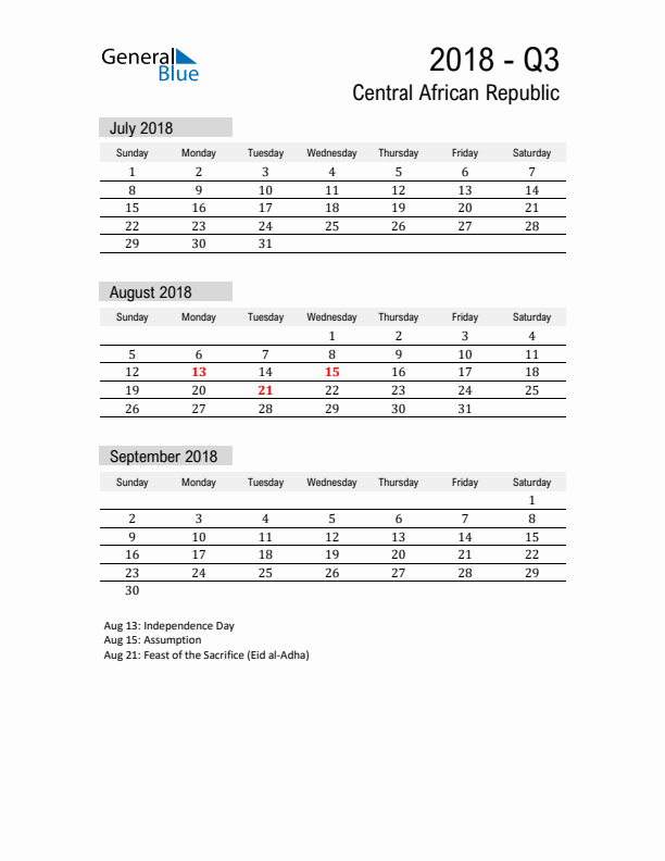 Central African Republic Quarter 3 2018 Calendar with Holidays