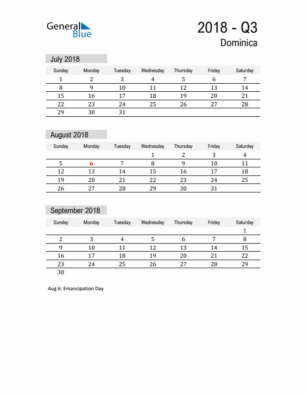 Dominica Quarter 3 2018 Calendar with Holidays
