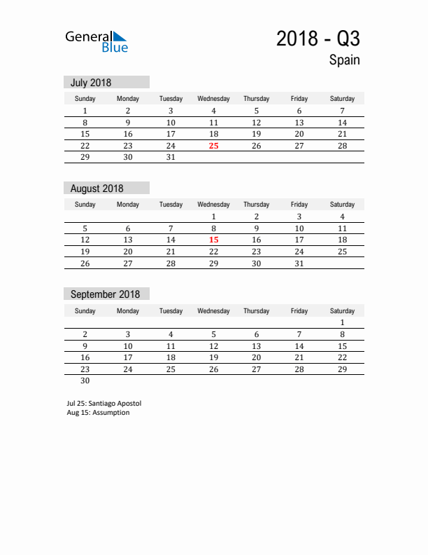 Spain Quarter 3 2018 Calendar with Holidays