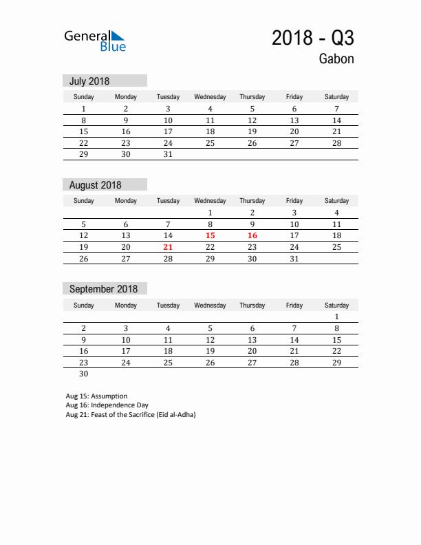 Gabon Quarter 3 2018 Calendar with Holidays
