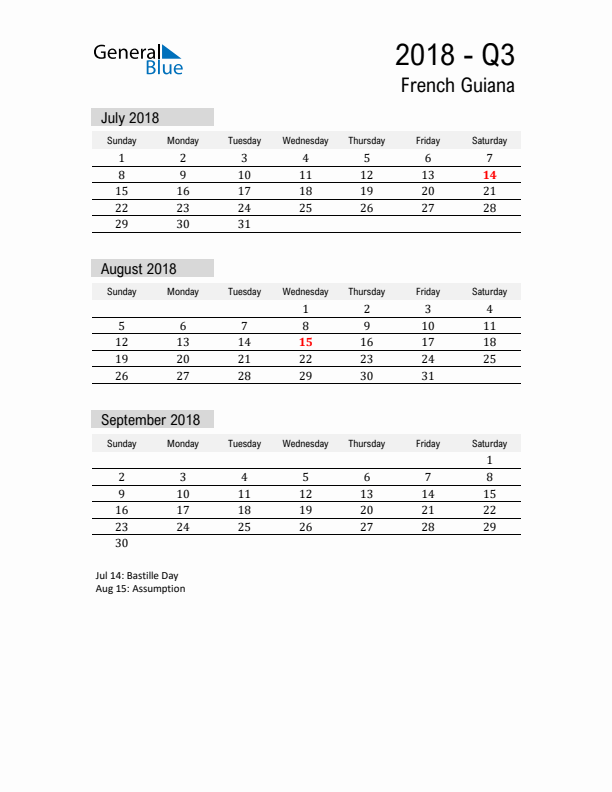 French Guiana Quarter 3 2018 Calendar with Holidays