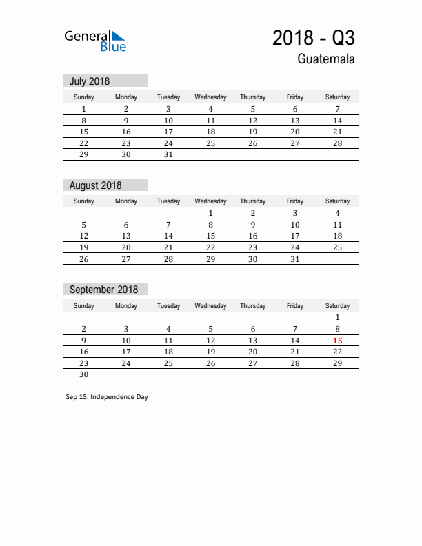 Guatemala Quarter 3 2018 Calendar with Holidays