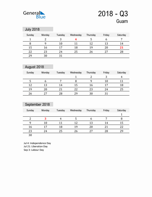 Guam Quarter 3 2018 Calendar with Holidays