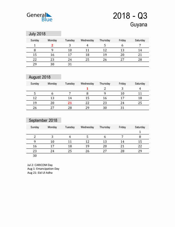 Guyana Quarter 3 2018 Calendar with Holidays