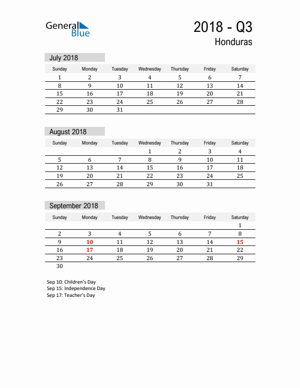Honduras Quarter 3 2018 Calendar with Holidays
