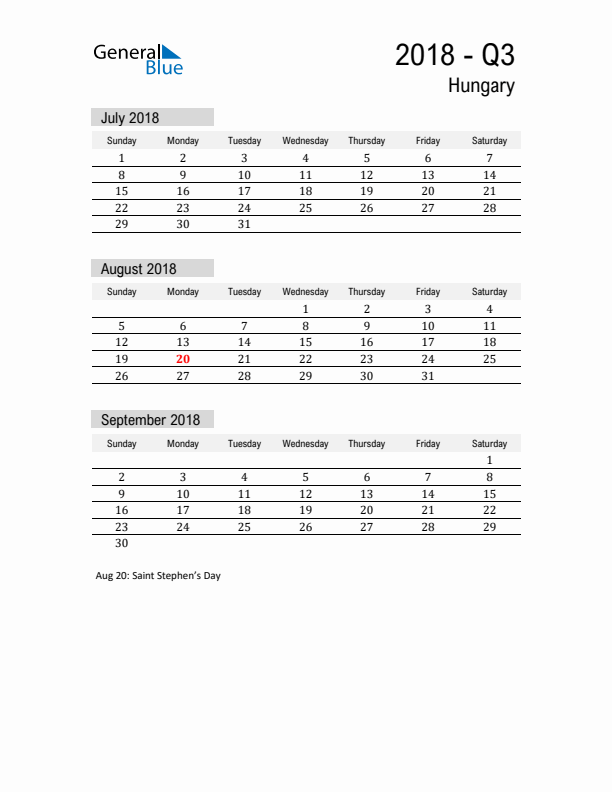 Hungary Quarter 3 2018 Calendar with Holidays
