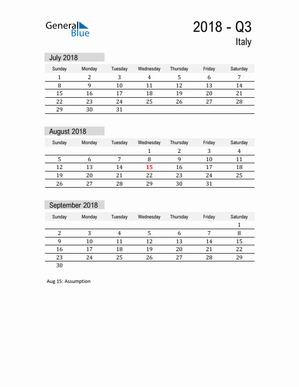 Italy Quarter 3 2018 Calendar with Holidays