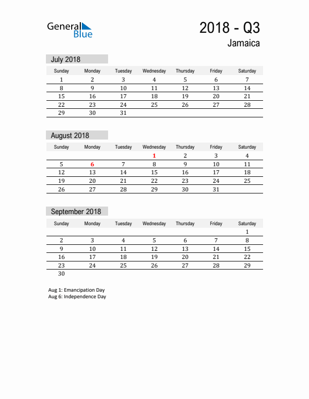 Jamaica Quarter 3 2018 Calendar with Holidays