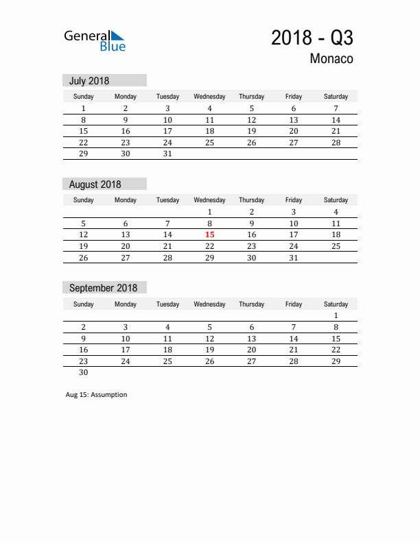 Monaco Quarter 3 2018 Calendar with Holidays