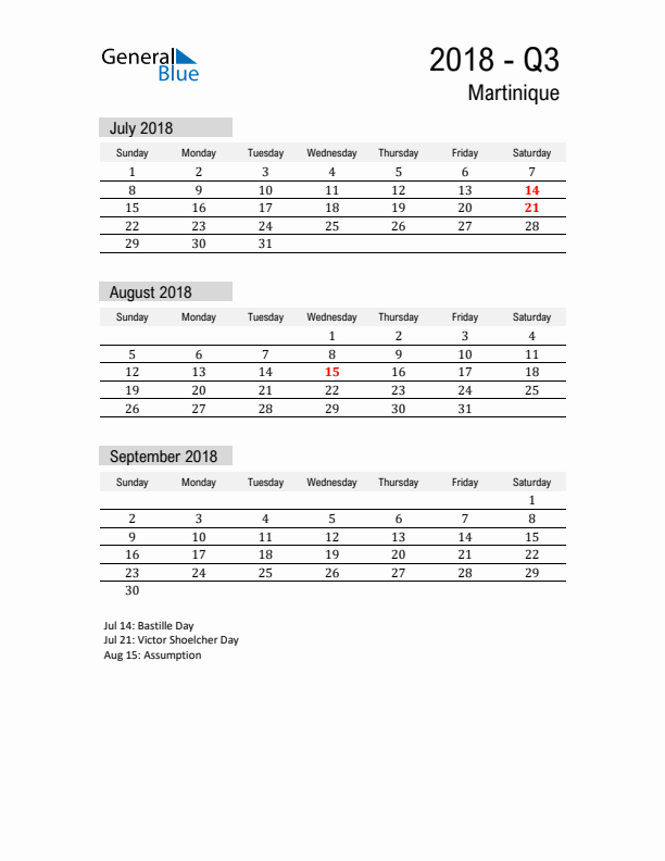 Martinique Quarter 3 2018 Calendar with Holidays