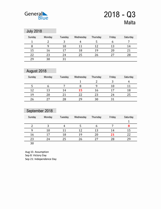 Malta Quarter 3 2018 Calendar with Holidays