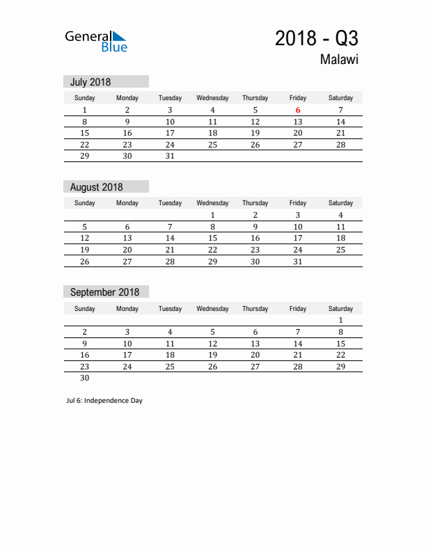 Malawi Quarter 3 2018 Calendar with Holidays