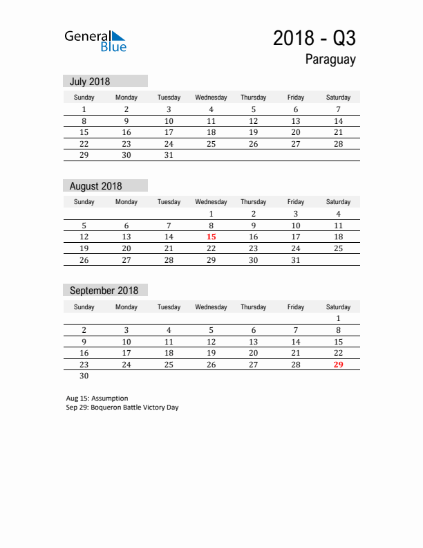 Paraguay Quarter 3 2018 Calendar with Holidays