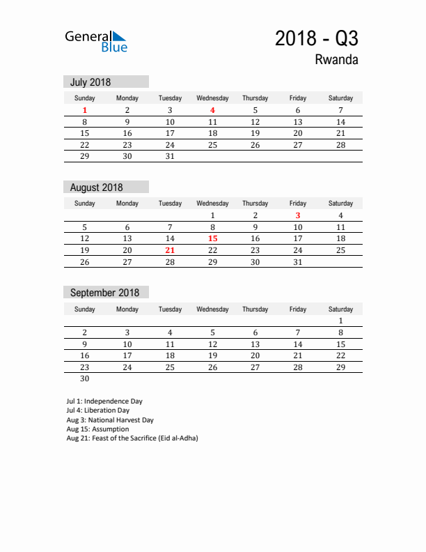 Rwanda Quarter 3 2018 Calendar with Holidays