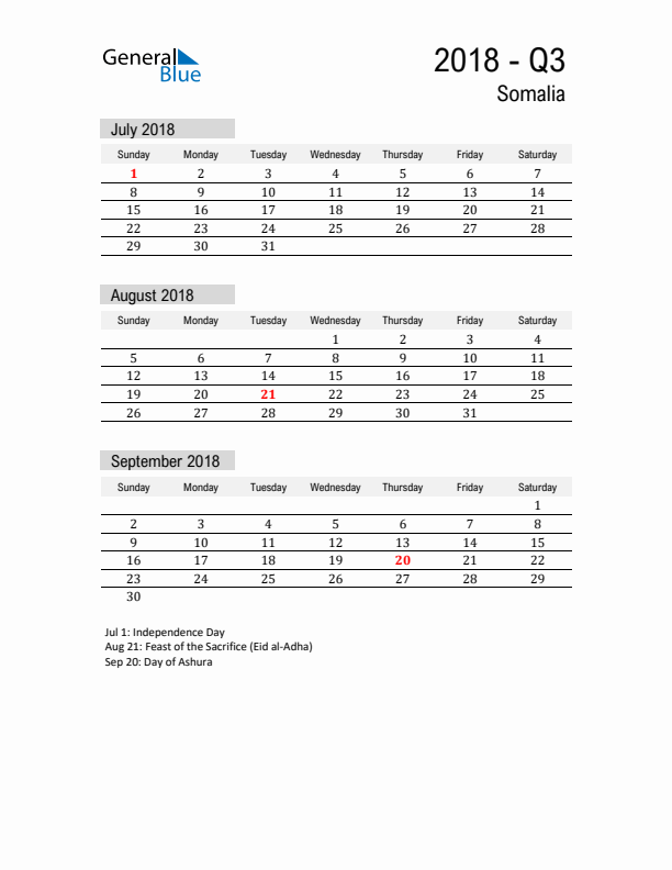 Somalia Quarter 3 2018 Calendar with Holidays