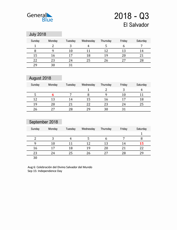 El Salvador Quarter 3 2018 Calendar with Holidays