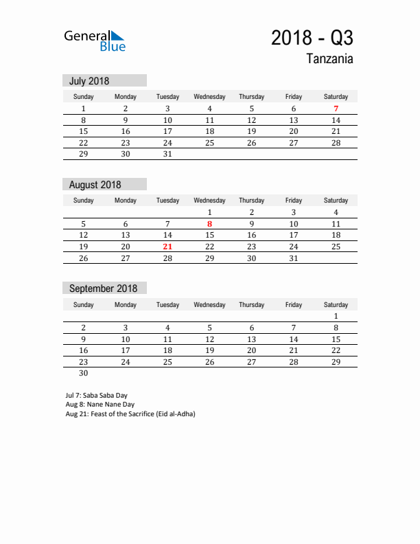 Tanzania Quarter 3 2018 Calendar with Holidays
