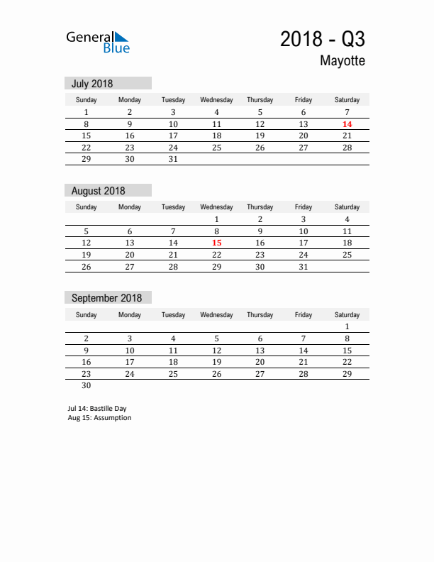 Mayotte Quarter 3 2018 Calendar with Holidays