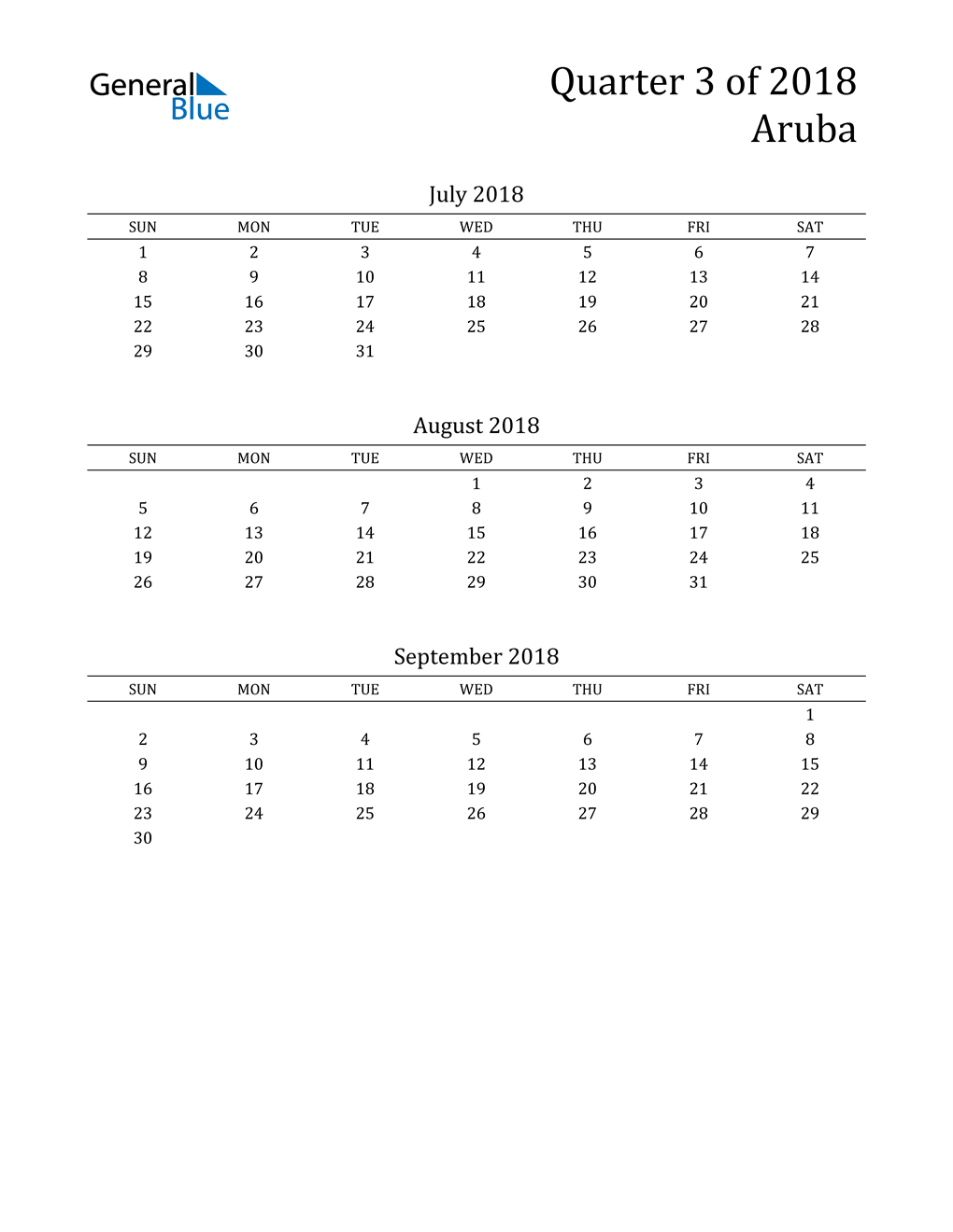  2018 Aruba Quarterly Calendar