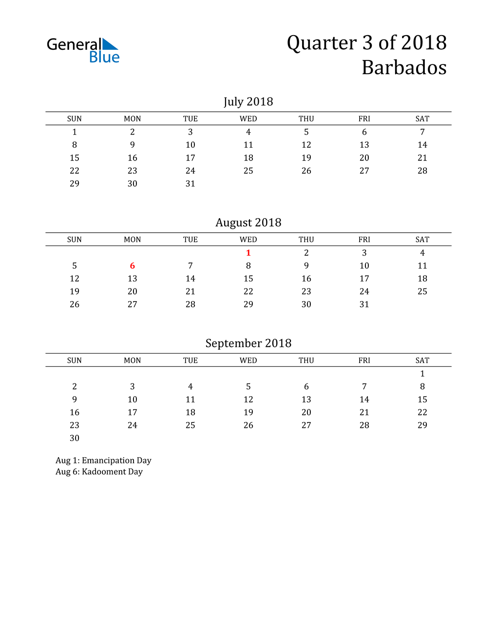  2018 Barbados Quarterly Calendar