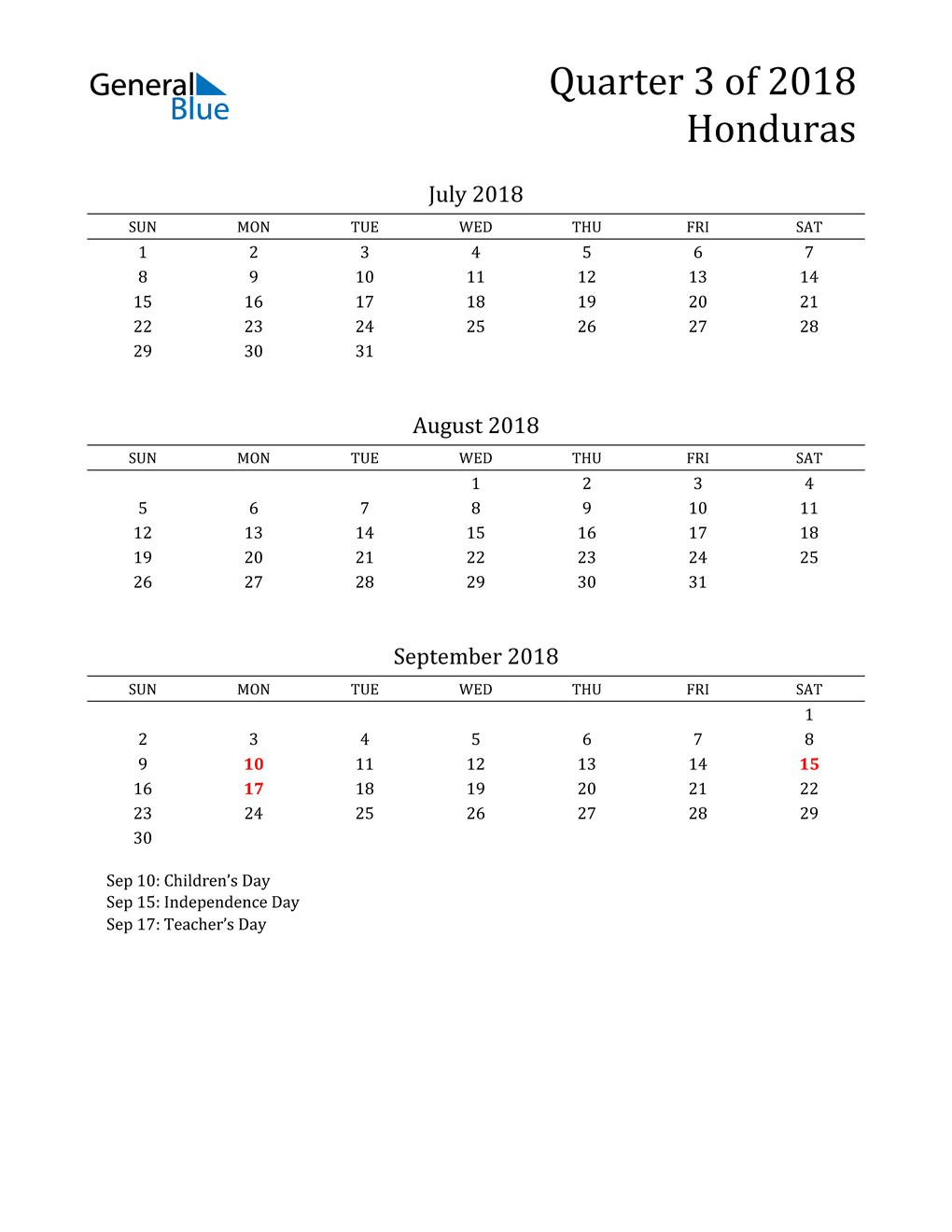  2018 Honduras Quarterly Calendar