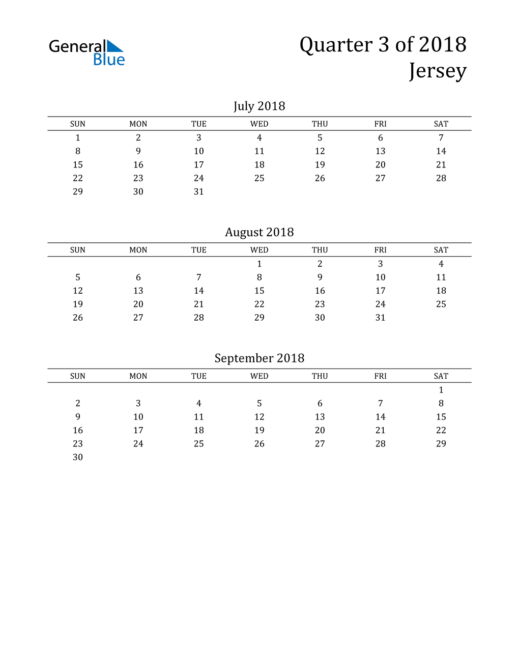  2018 Jersey Quarterly Calendar