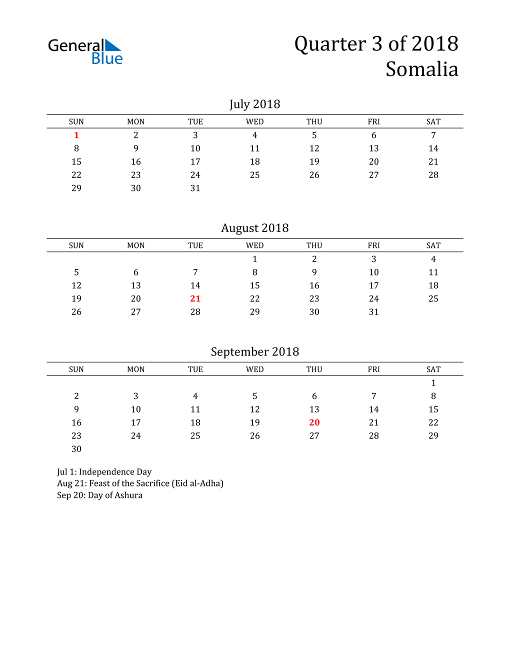  2018 Somalia Quarterly Calendar