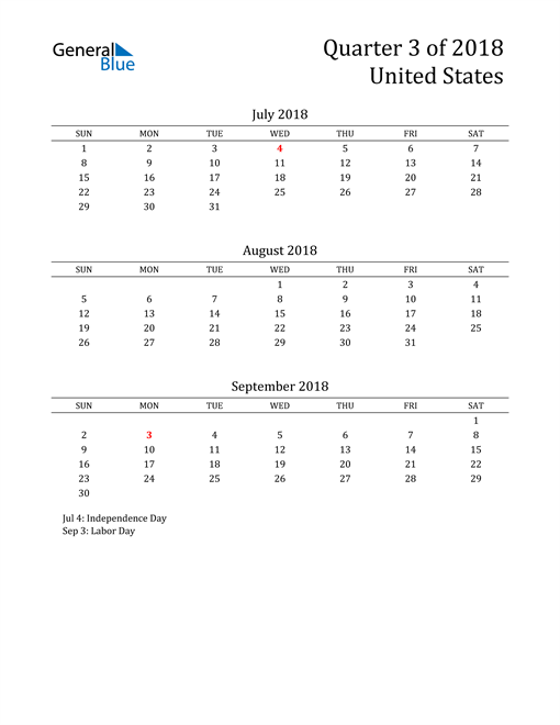  2018 United States Quarterly Calendar