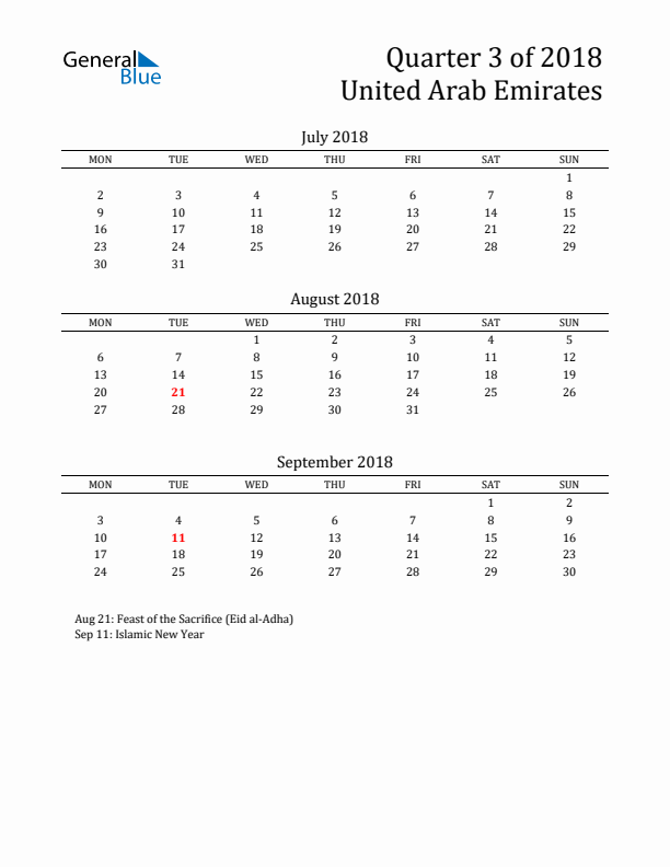 Quarter 3 2018 United Arab Emirates Quarterly Calendar