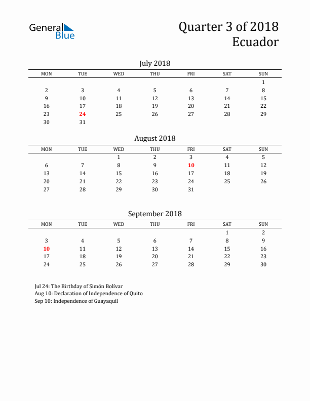 Quarter 3 2018 Ecuador Quarterly Calendar