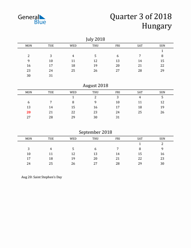 Quarter 3 2018 Hungary Quarterly Calendar